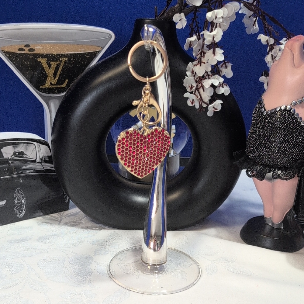 Bag Charm/ Keyring -Red Heart Crystal Embellishments On Gold Ring